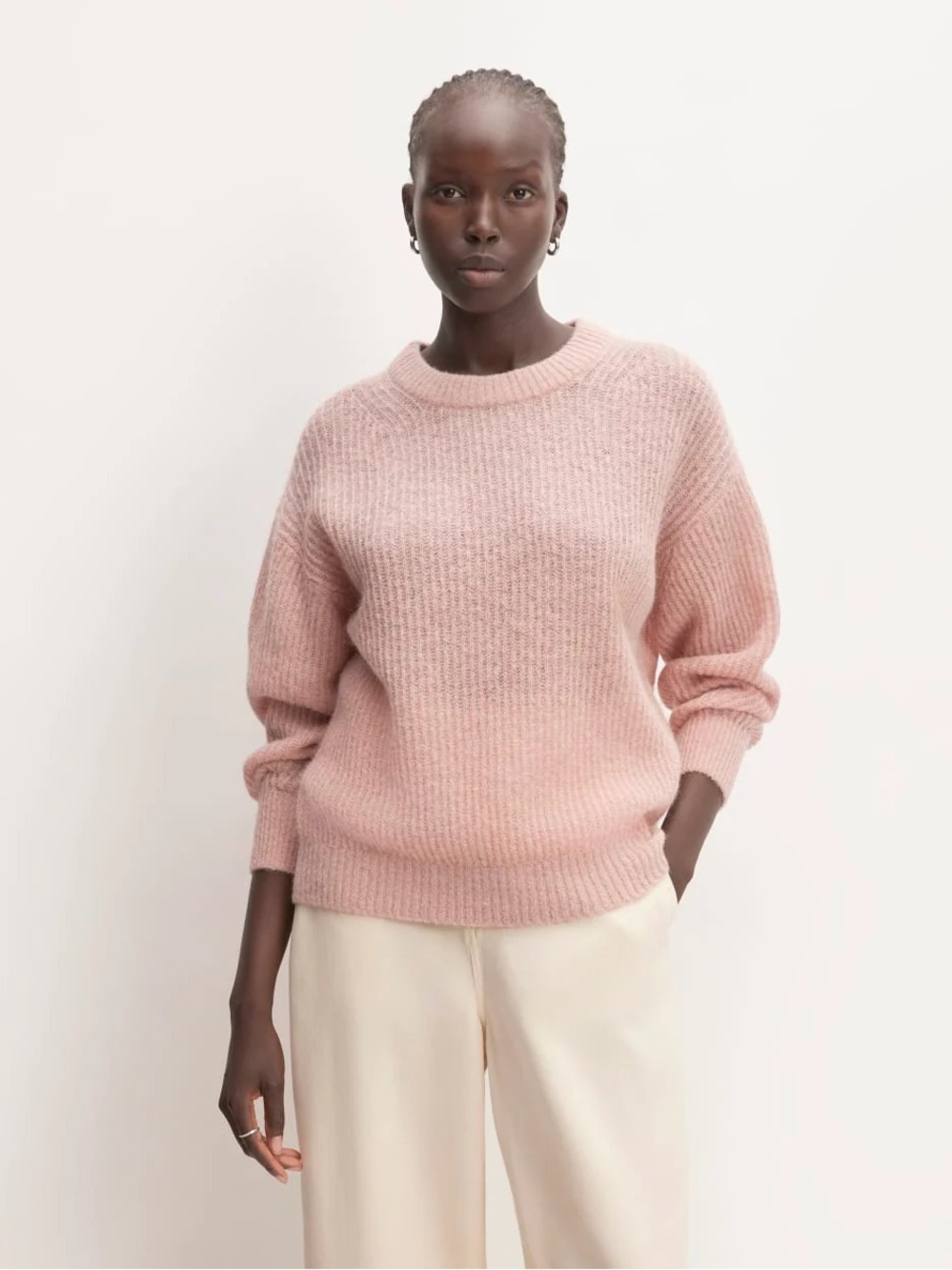 Everlane The Cocoon Crew Alpaca Sweater XL Blush Pink Fuzzy Rib Knit Cozy
